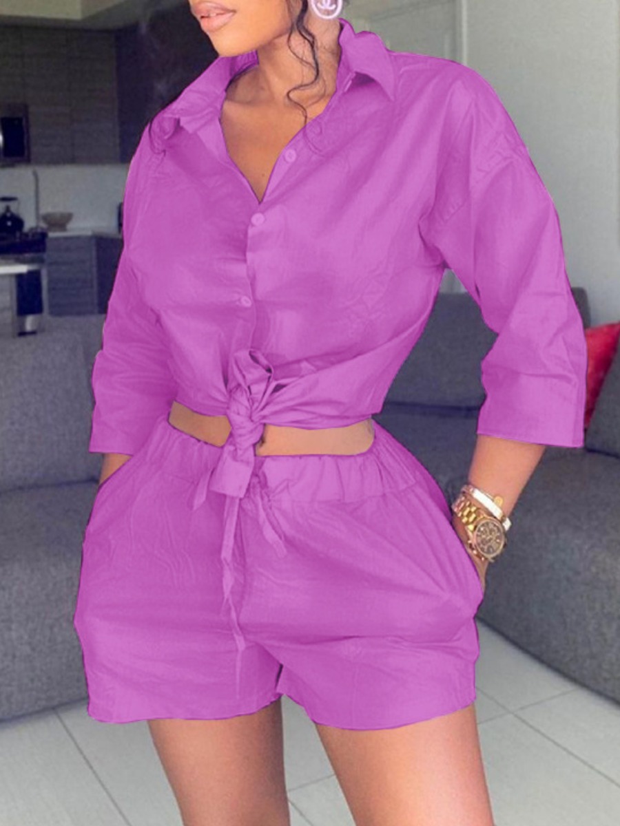 

Lovely Casual Turndown Collar Drawstring Purple Two Piece Shorts Set