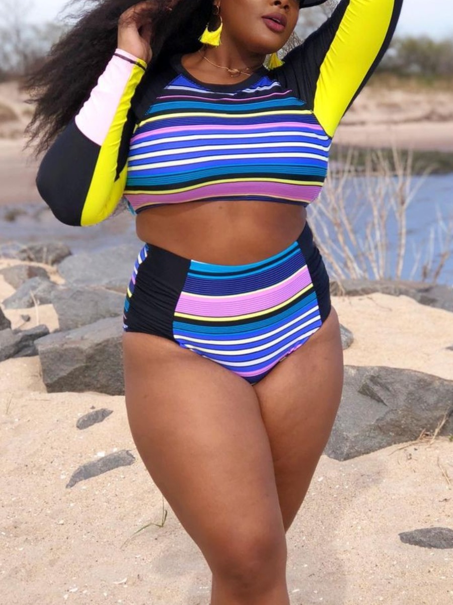 

Lovely Plus Size Boho Round Neck Striped Blue Tankini