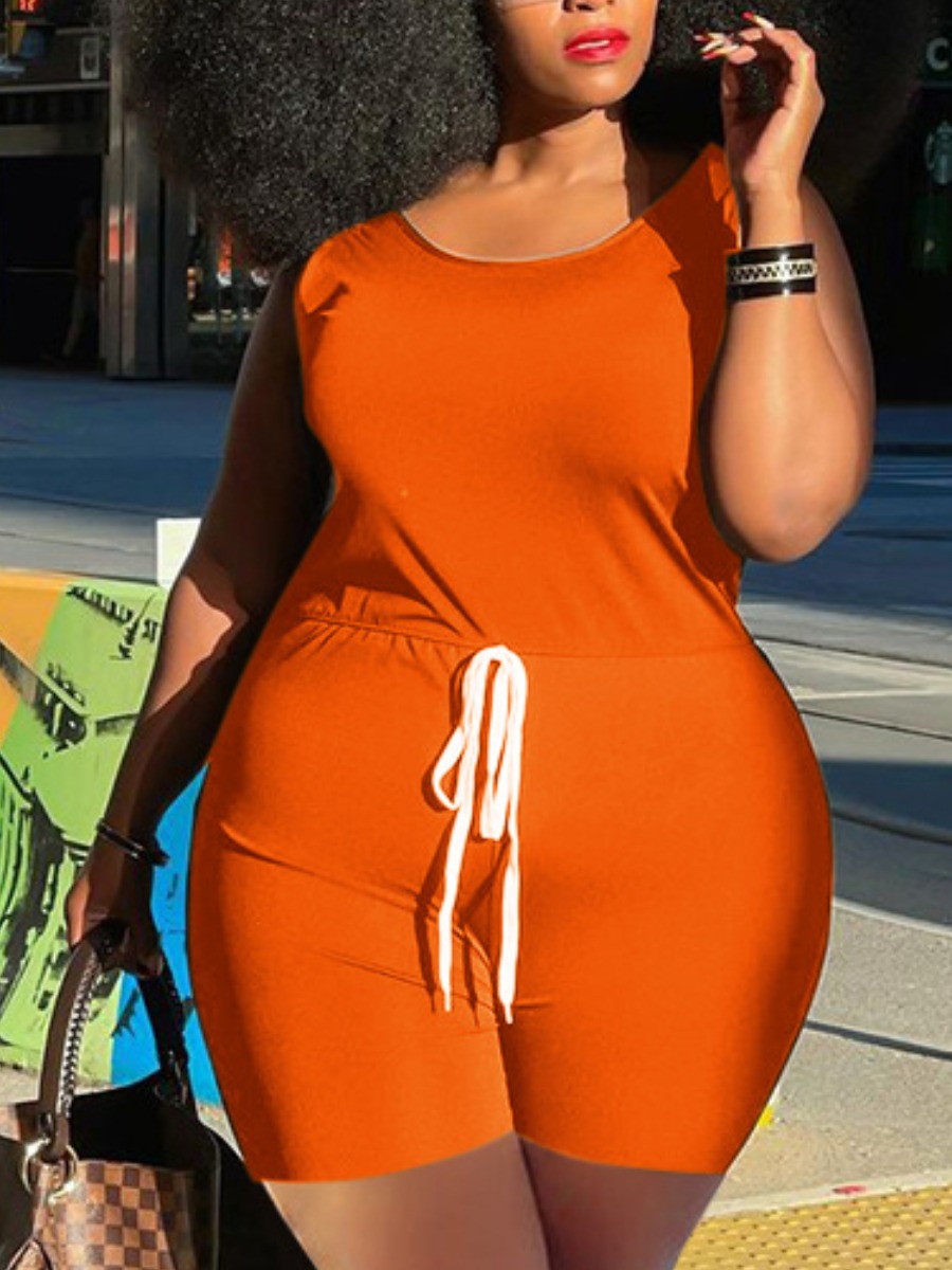 

Lovely Plus Size Casual U Neck Drawstring Croci One-piece Romper