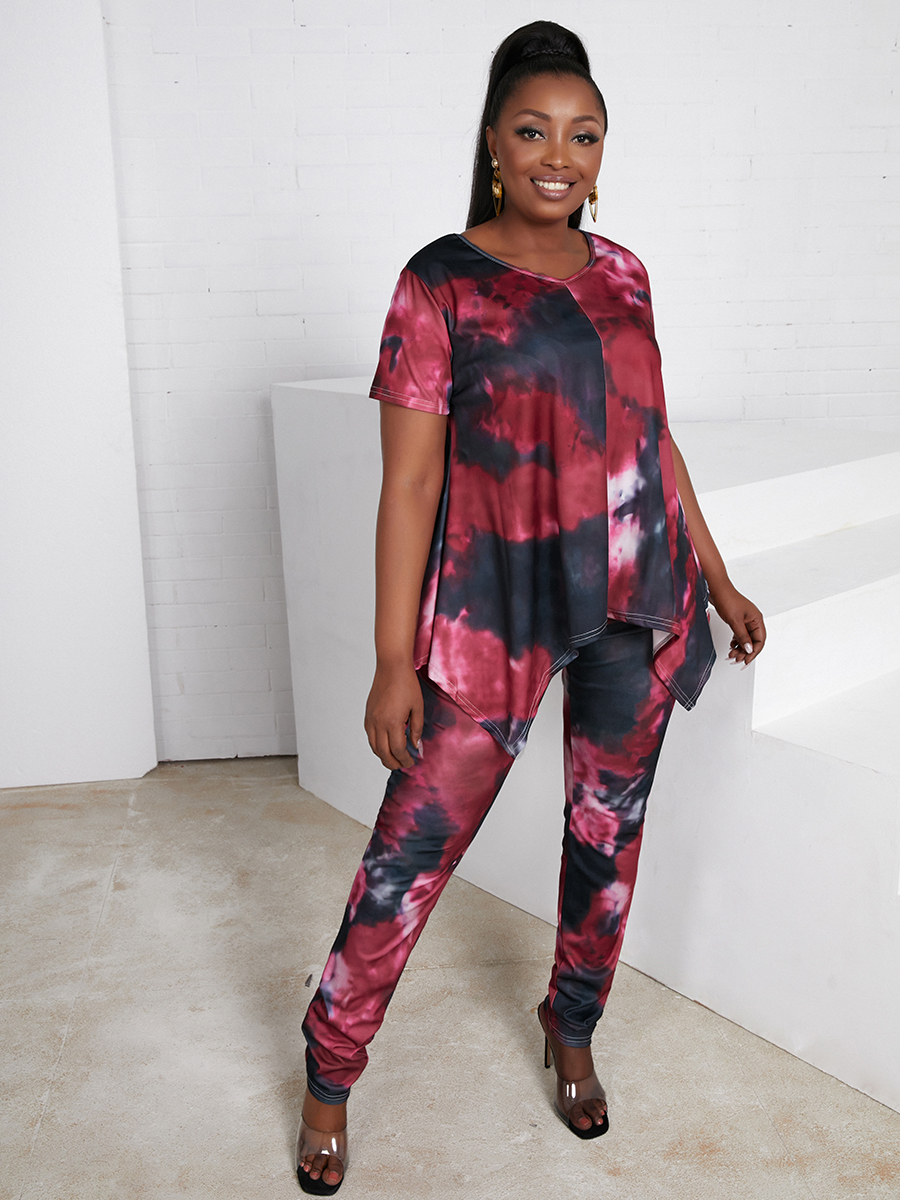 

Lovely Plus Size Casual Tie-dye Asymmetrical Red Two-piece Pants Set