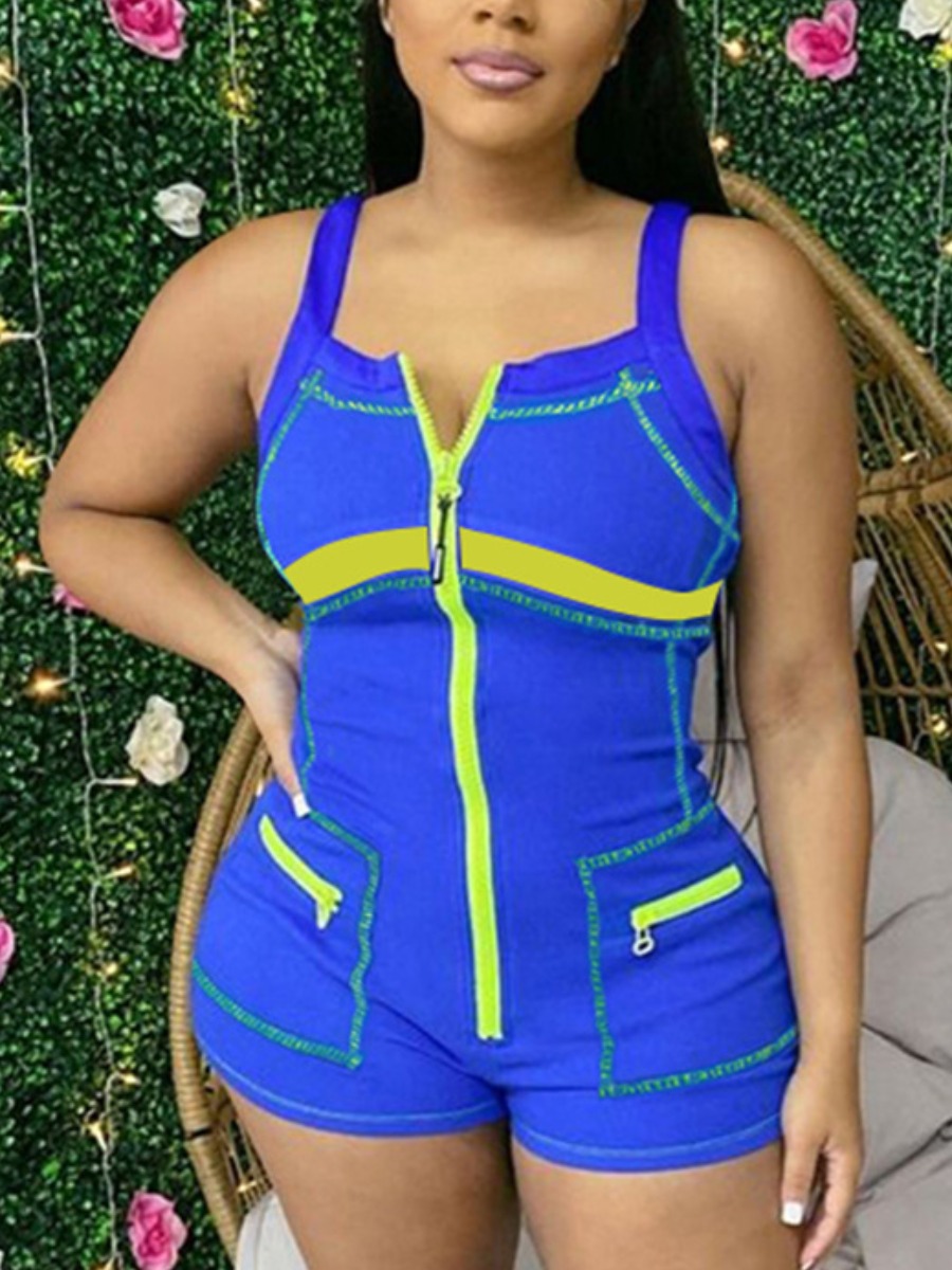 

Lovely Street Pocket Zipper Design Blue One-piece Romper