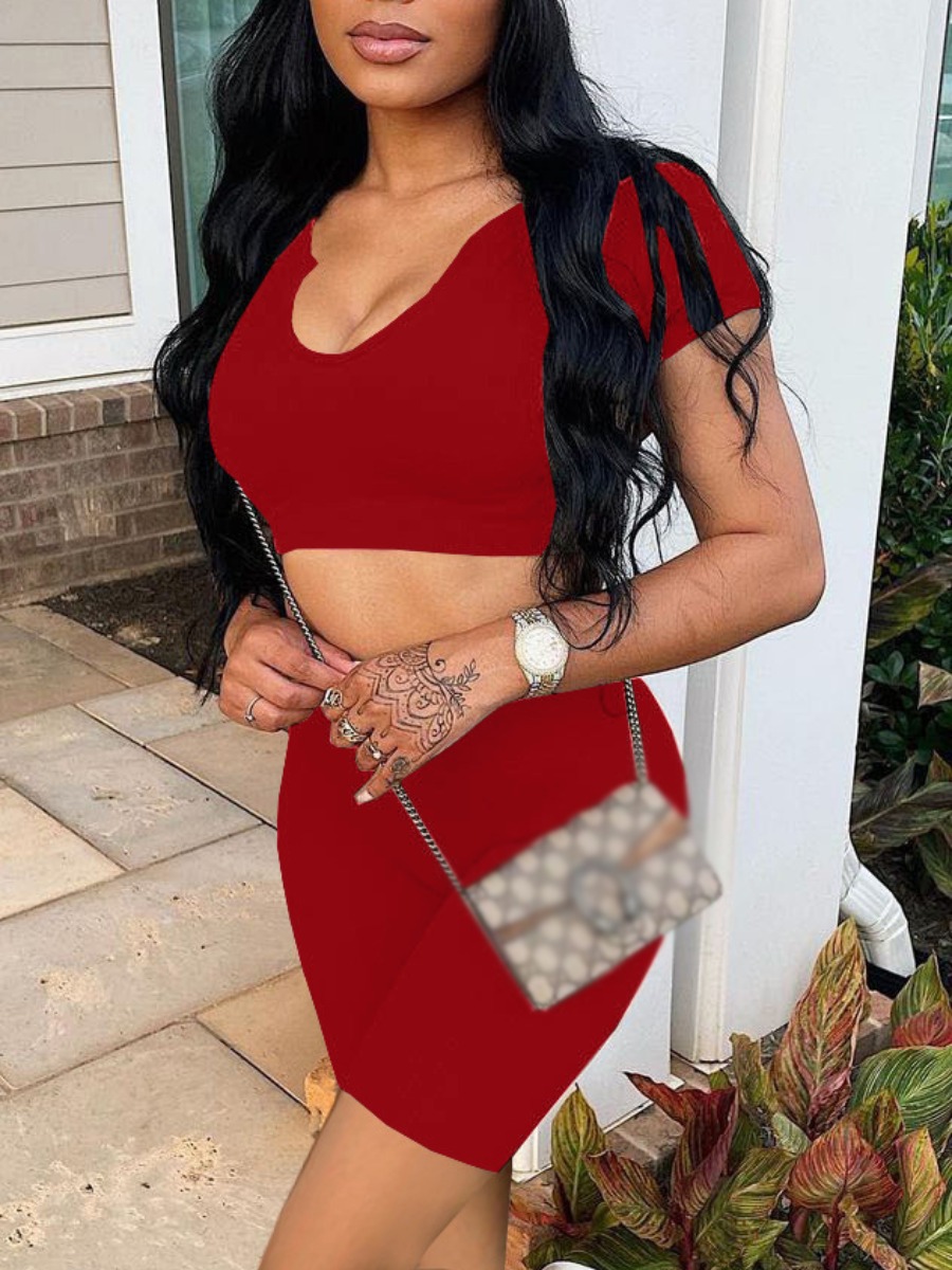 

LW Casual V Neck Crop Top Red Two Piece Shorts Set