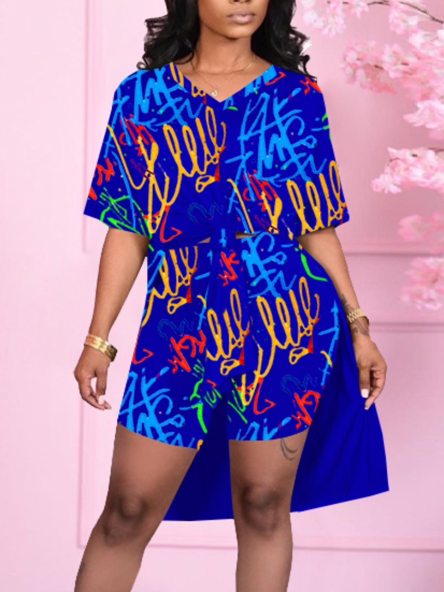 

LW Street Graffiti Print Split Blue Two Piece Shorts Set
