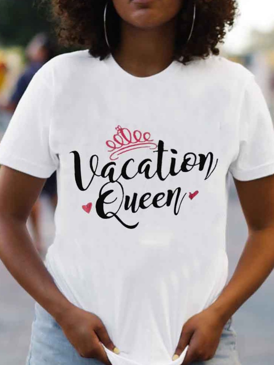 

LW BASICS Casual Round Neck Letter Print White T-shirt