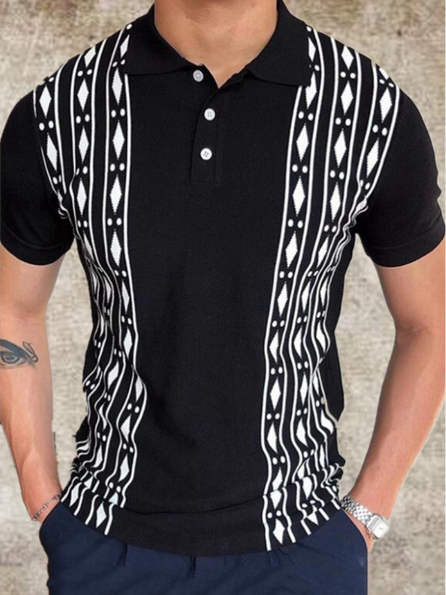 

Lovely Casual Geometric Print Rib-Knit Black Polo