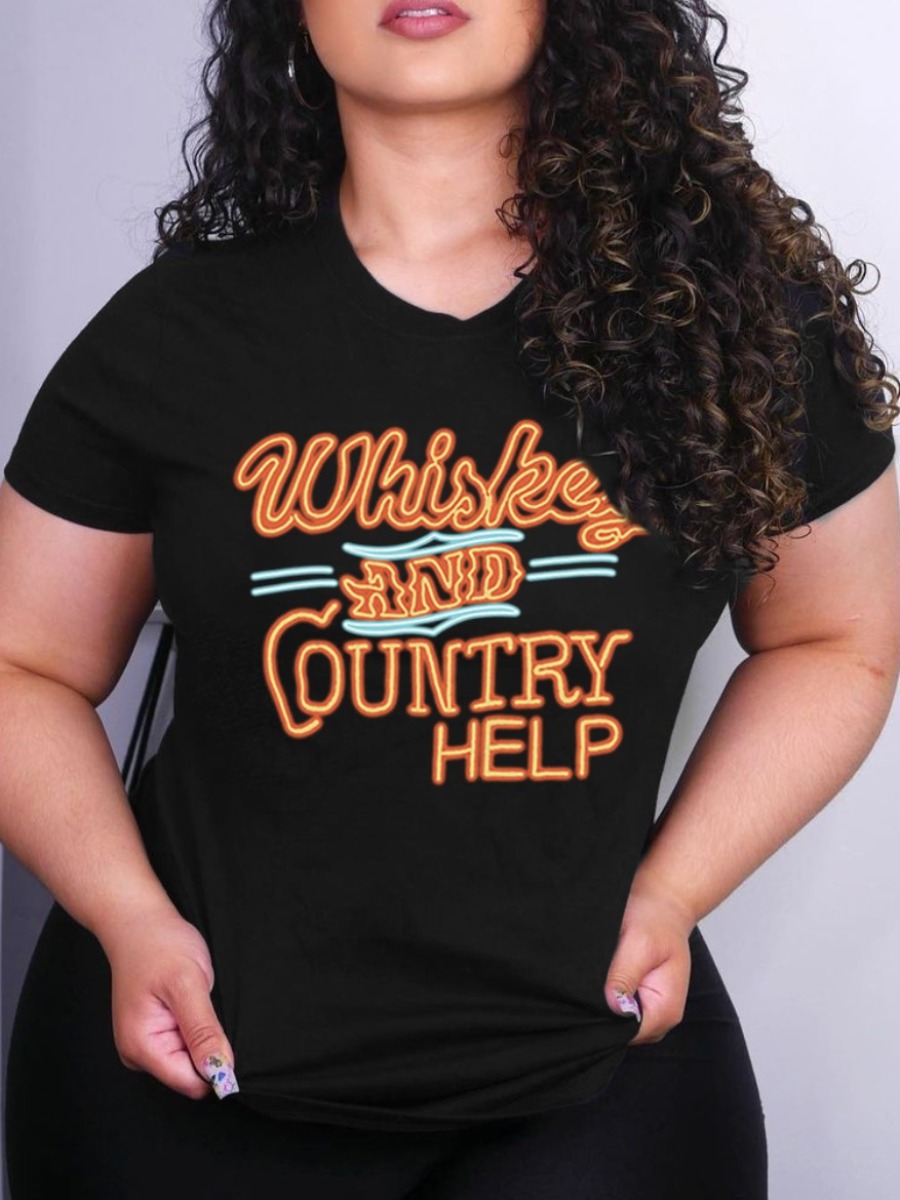 

Lovely Plus Size Casual Round Neck Letter Print Black T-shirt