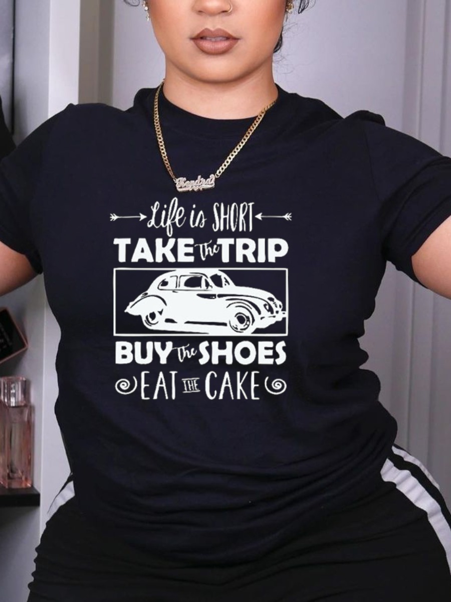 

Lovely Casual Round Neck Letter Print Black T-shirt