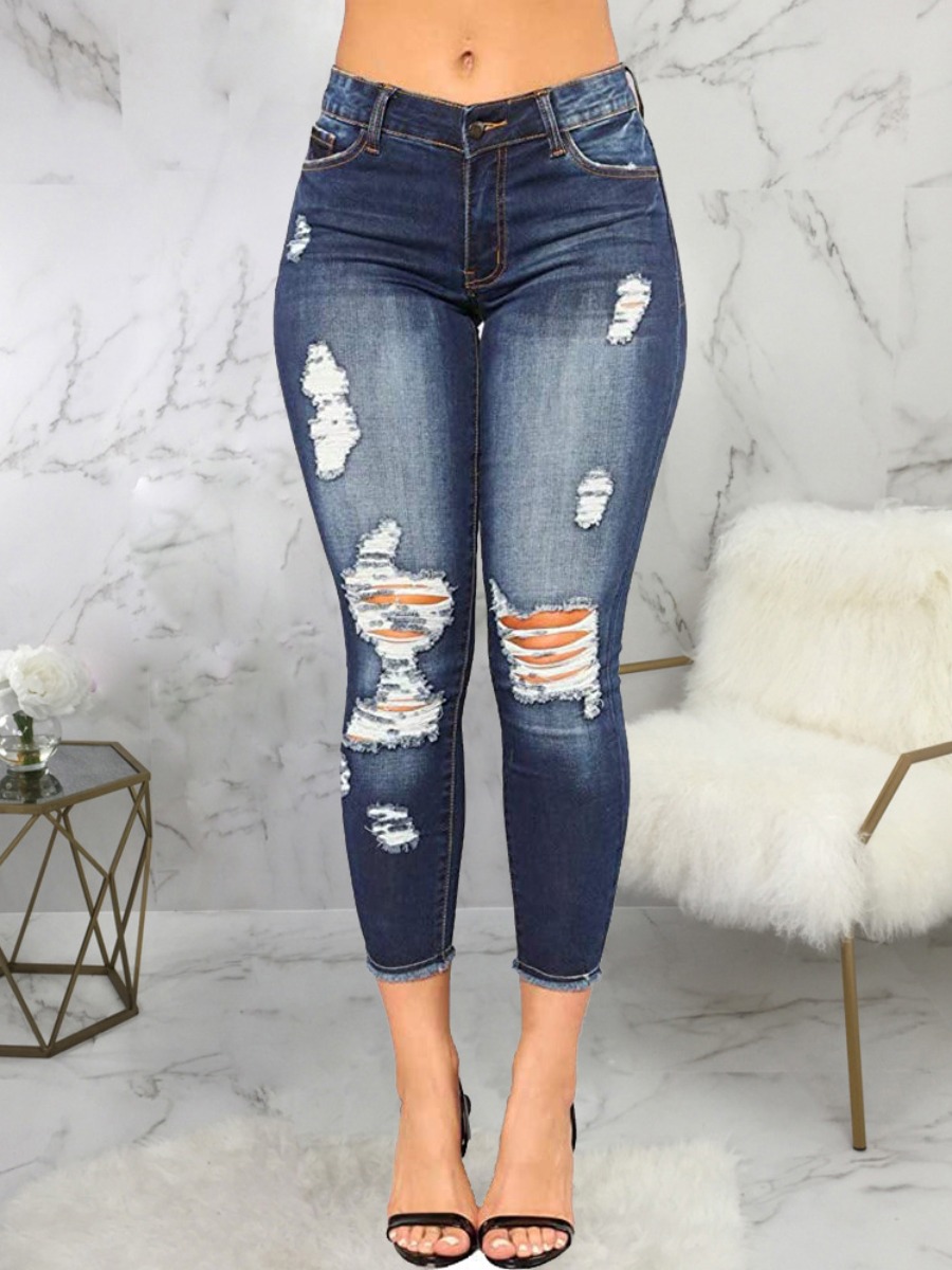 

Lovely Casual High-waisted Ripped Deep Blue Jeans