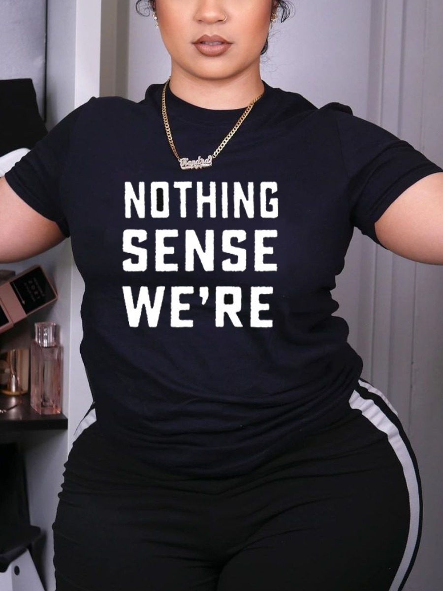 

Lovely Casual Round Neck Letter Print Black T-shirt
