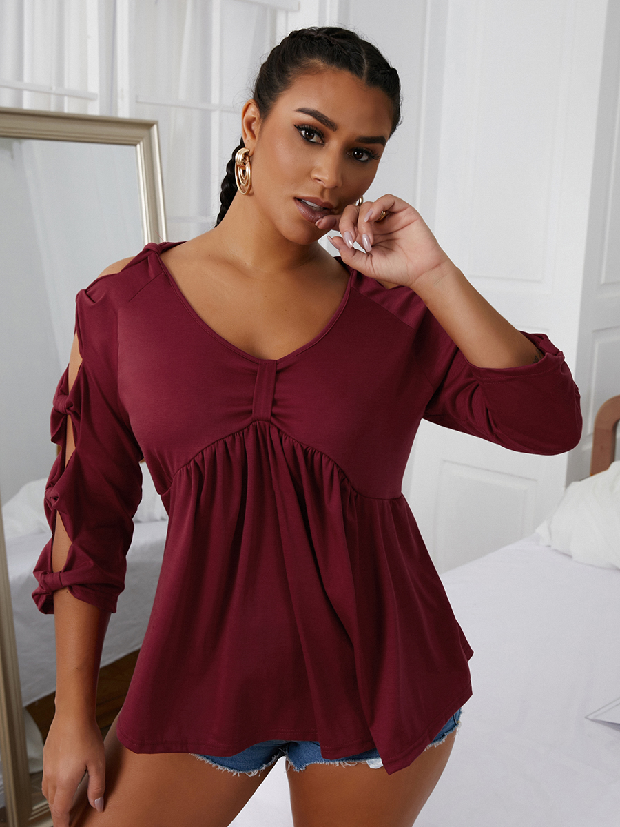 

LW Casual V Neck Hollow-out Fold Design Red T-shirt