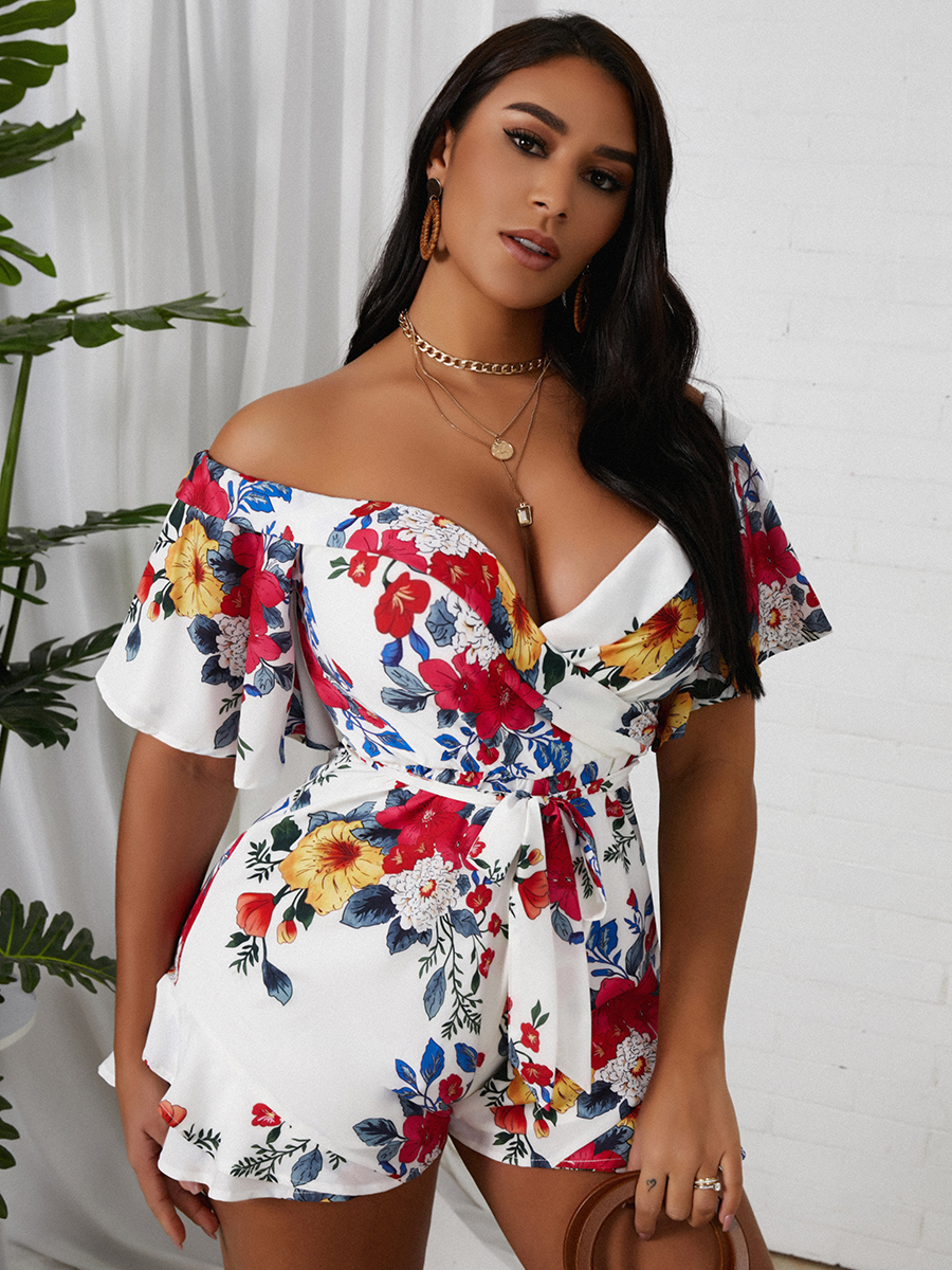 

Lovely Boho Floral Print Flounce Design White One-piece Romper