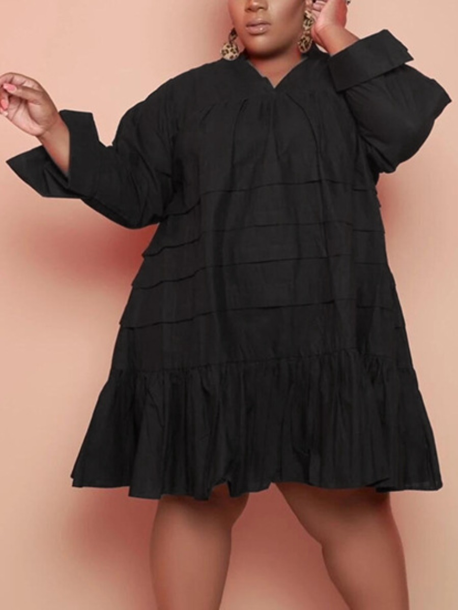 

Lovely Plus Size Casual V Neck Flounce Design Black Knee Length A Line Dress