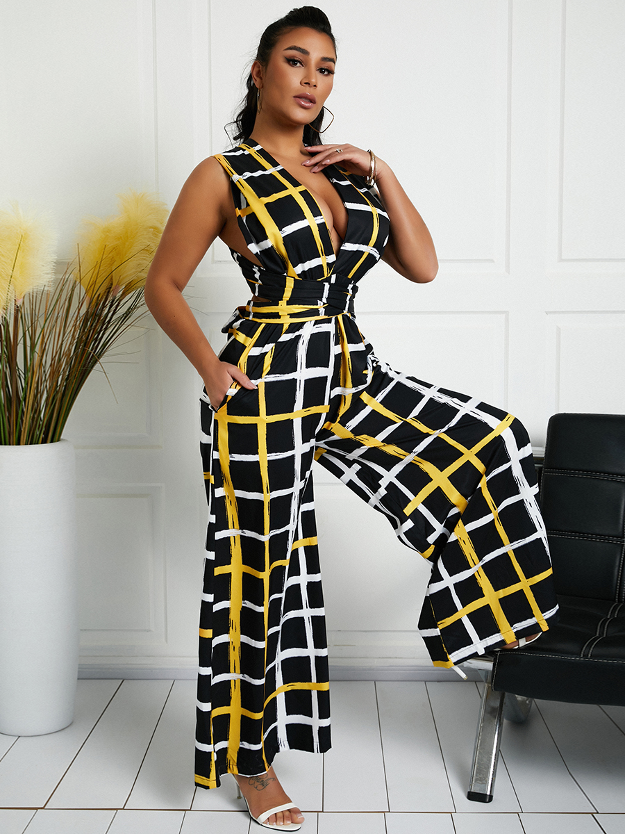 

Lovely Casual Plaid Print Wide Leg Black One-piece Jumpsuit