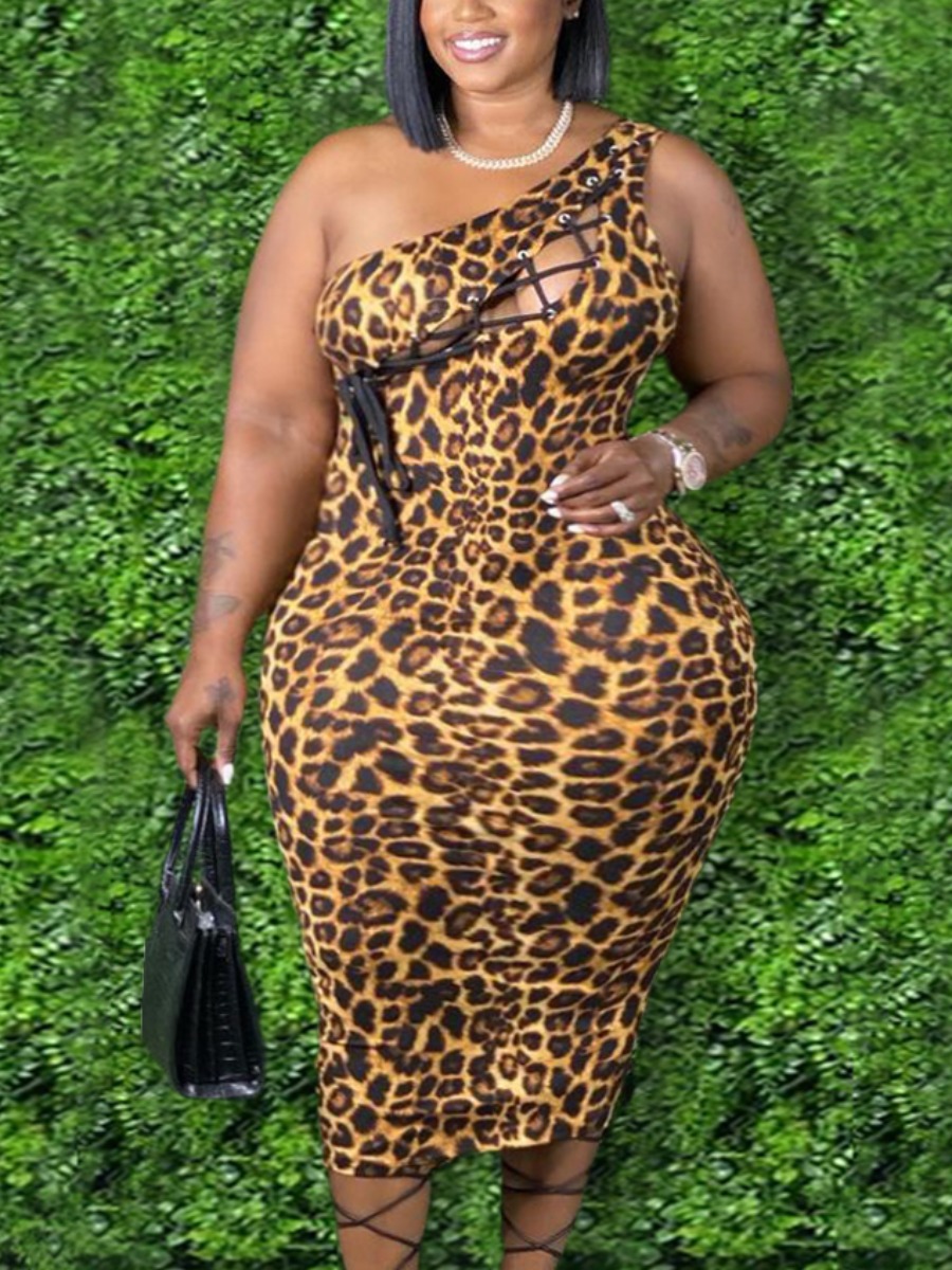 

LW SXY Plus Size Street One Shoulder Leopard Print Bandage Deep Yellow Mid Calf Dress
