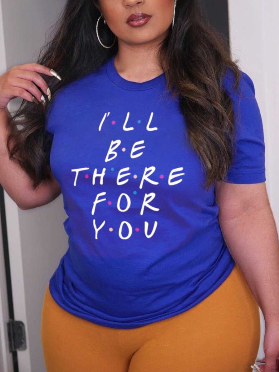 

Lovely Plus Size Casual Round Neck Letter Print Blue T-shirt