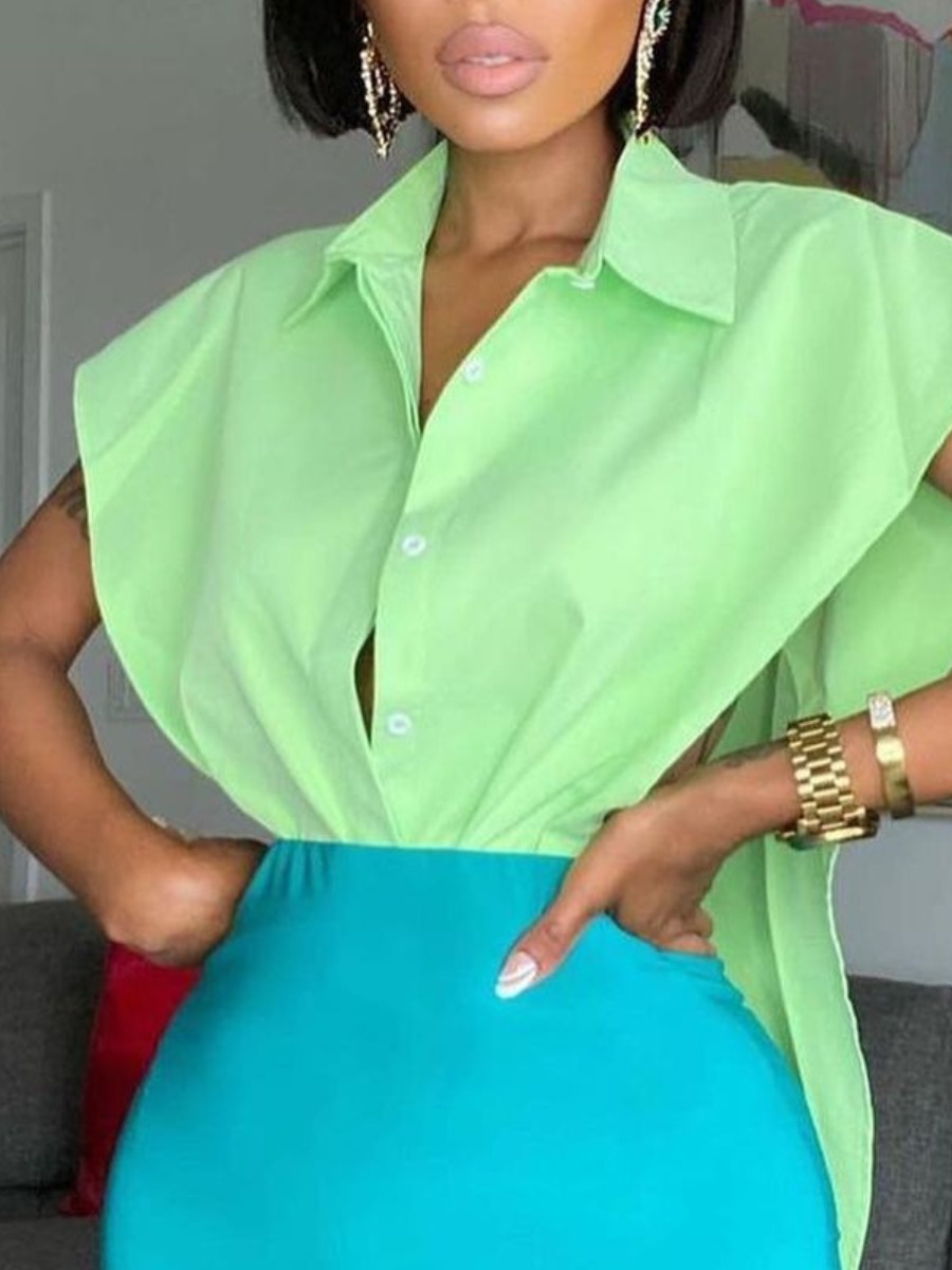 

Lovely Casual Turndown Collar Split Green Blouse