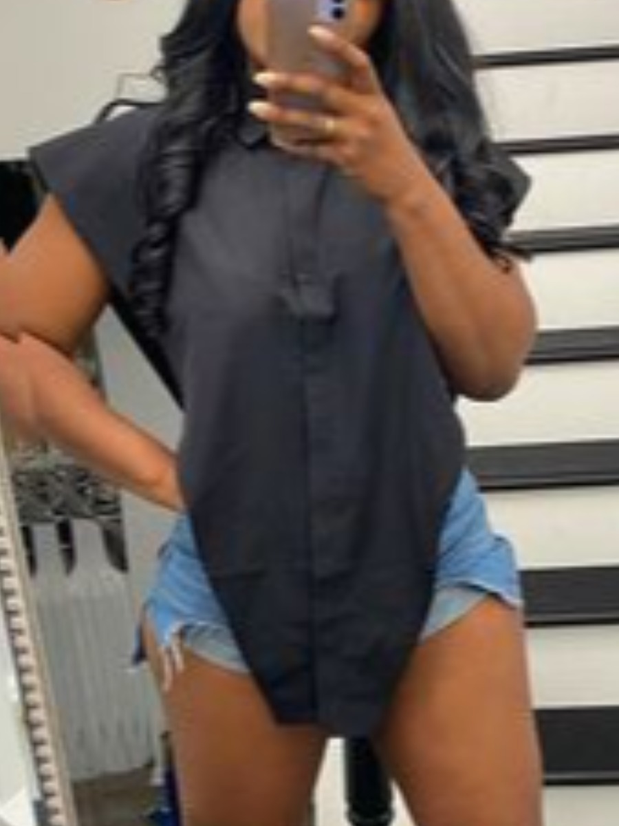 

LW Casual Turndown Collar Split Black Blouse