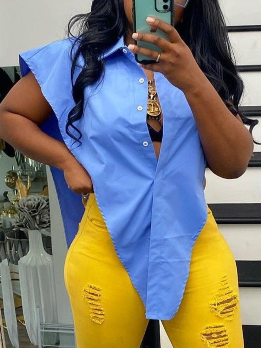 

LW Casual Turndown Collar Split Blue Blouse