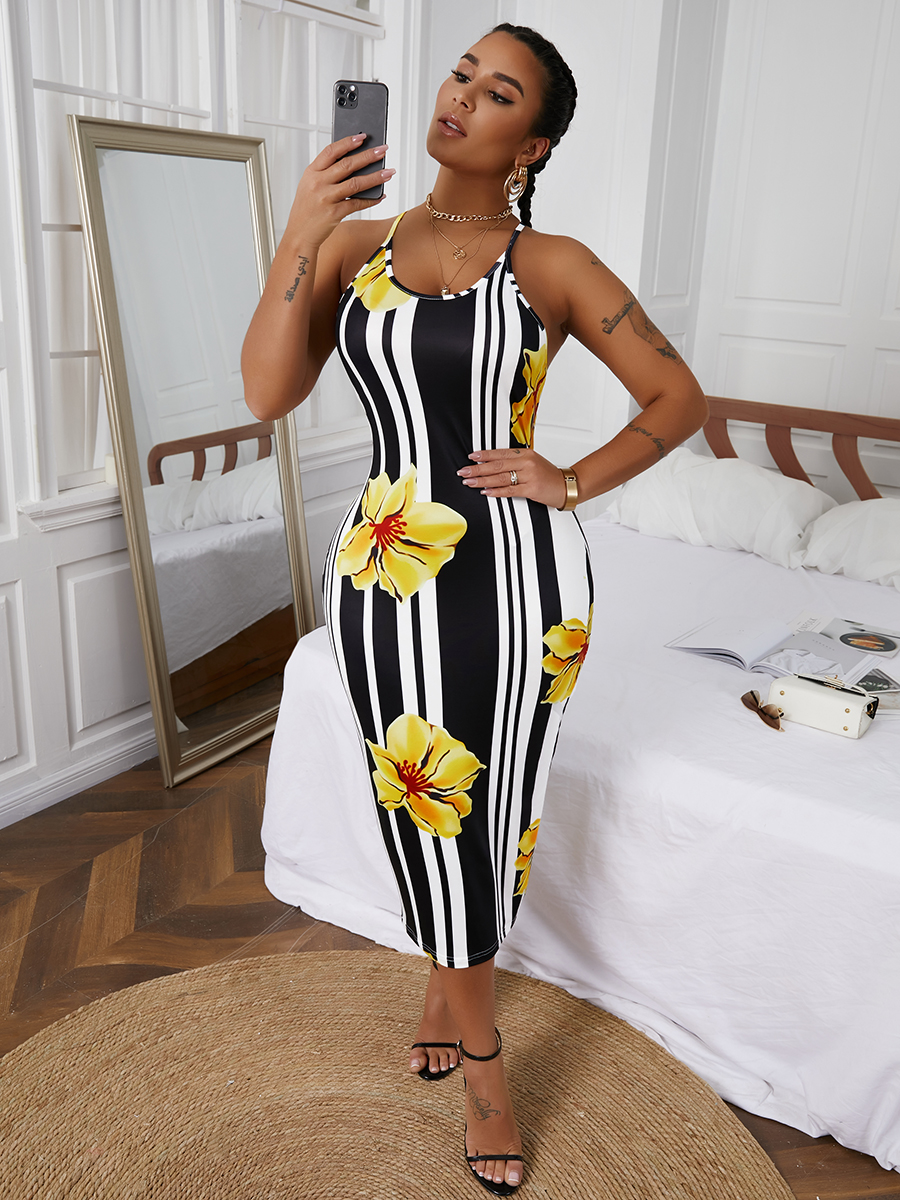 

LW SXY Floral Print Striped Backles Black Mid Calf Dress, Black stripe