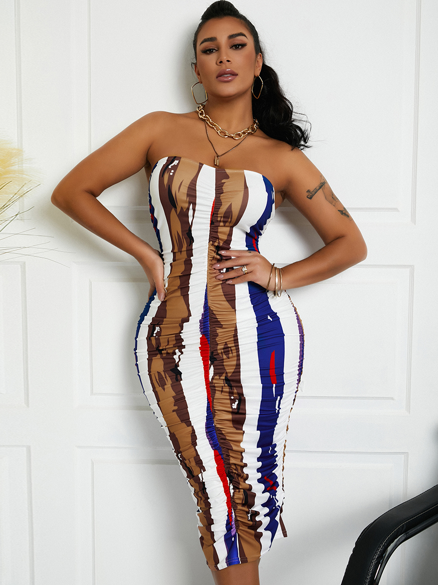 

Lovely Sexy Off The Shoulder Striped Mid Calf Dress, Stripe