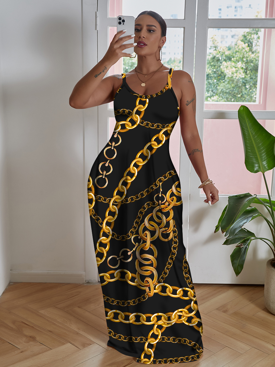 

LW U Neck Chain Print Cami Dress, Black