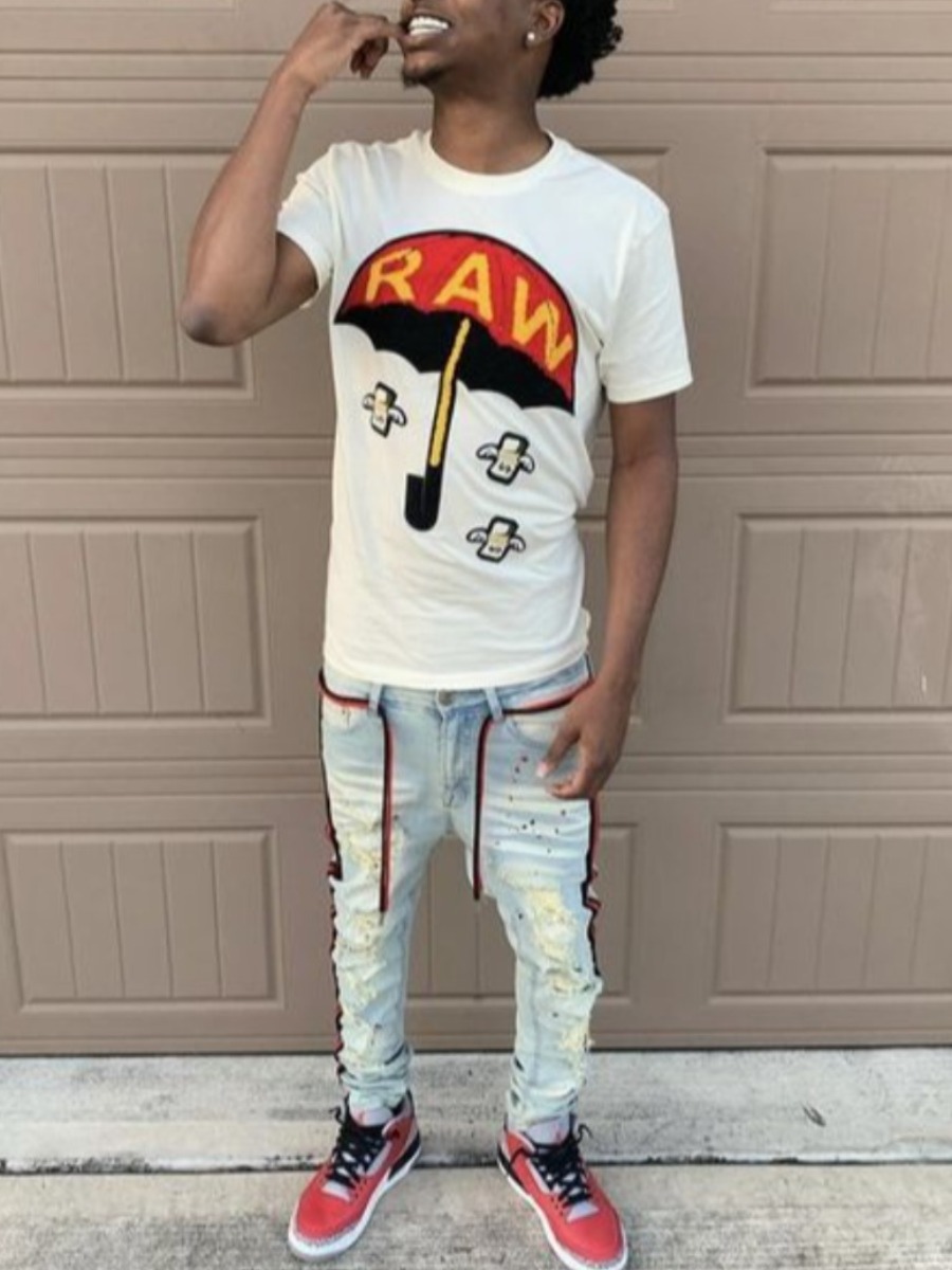 LW Men Casual Round Neck Letter Print White T-shirt
