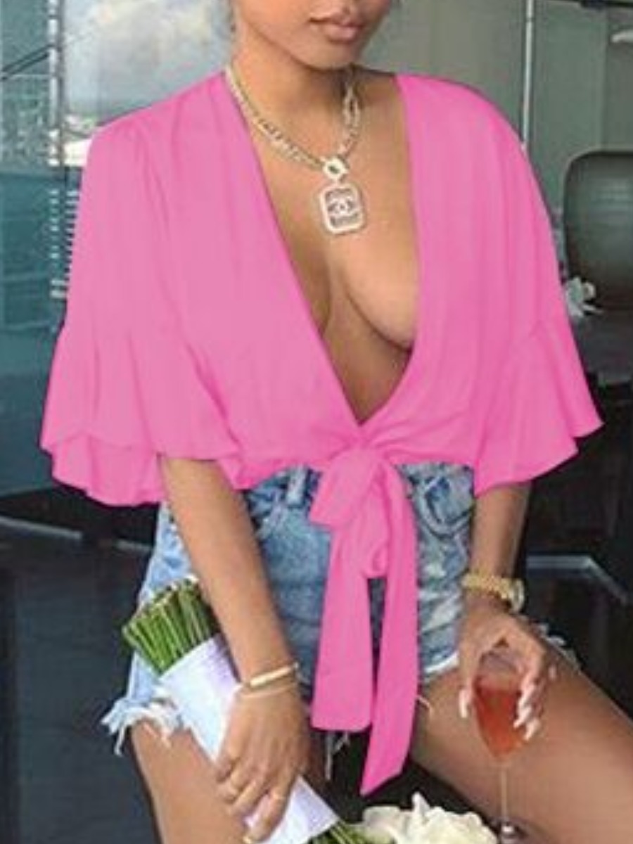 

Lovely Sweet Flared Bandage Design Pink Blouse