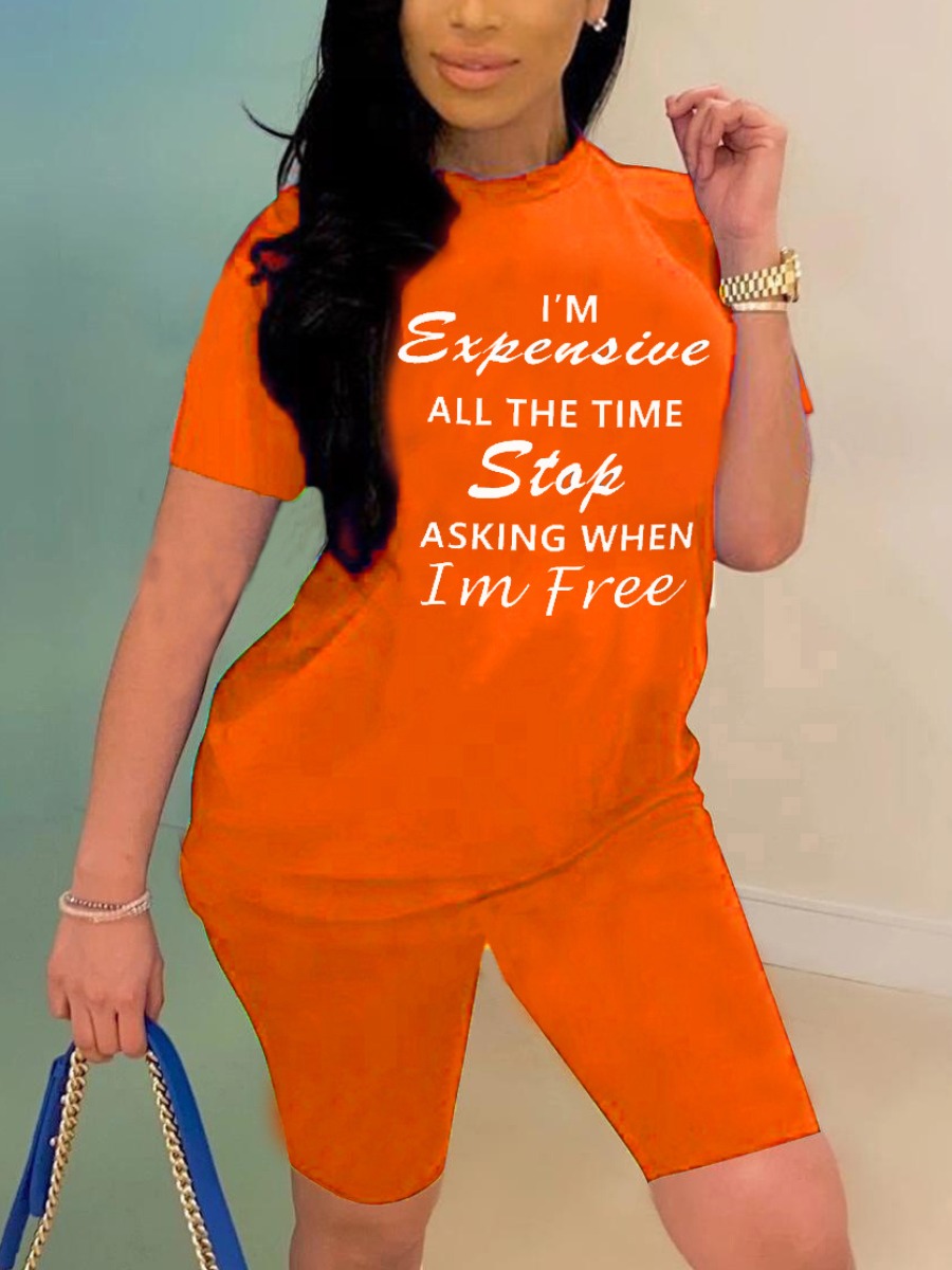 

Lovely Casual O Neck Letter Print Orange Two Piece Shorts Set