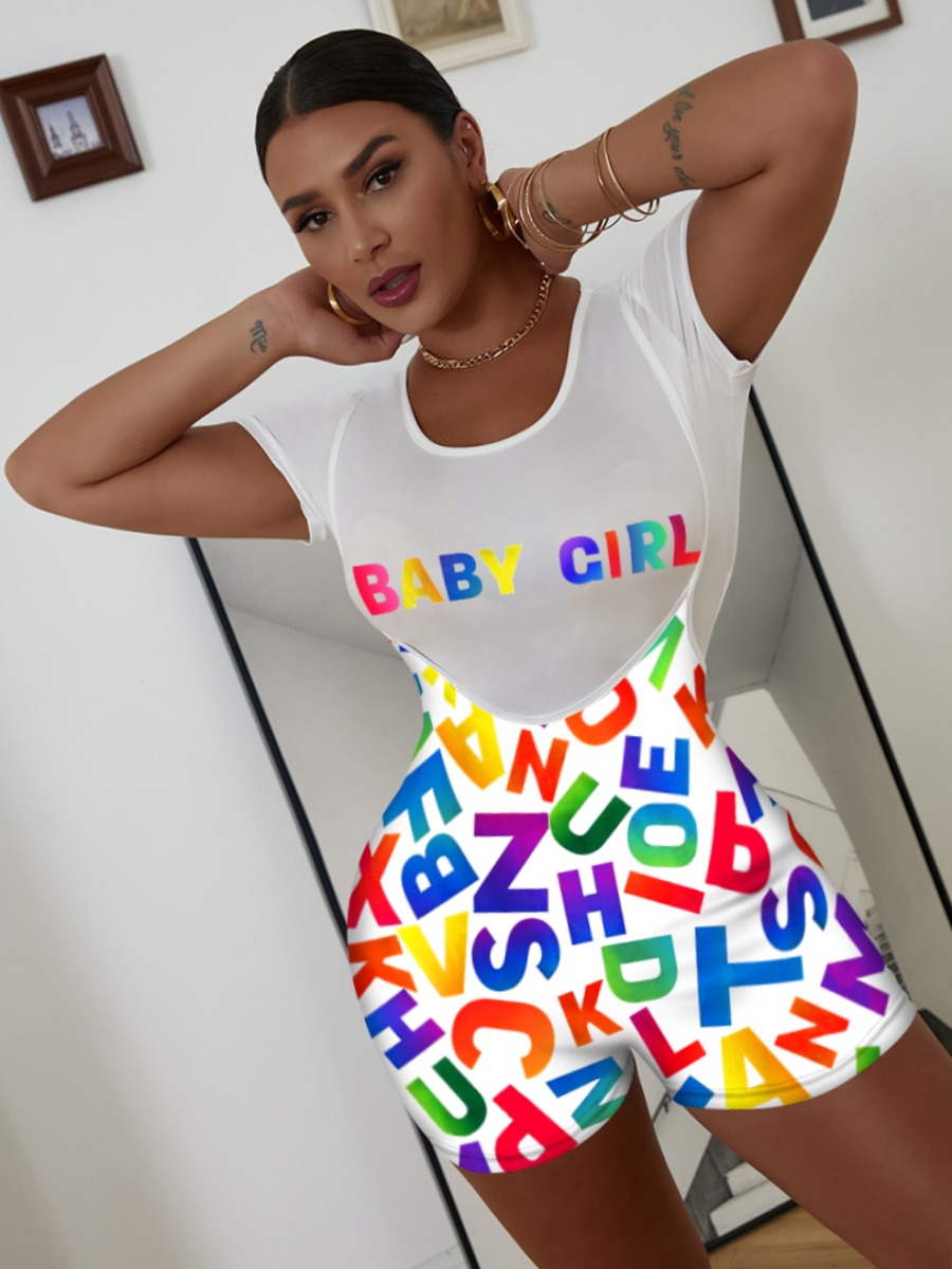 

LW Casual Round Neck Letter Print Overall White Two Piece Shorts Set