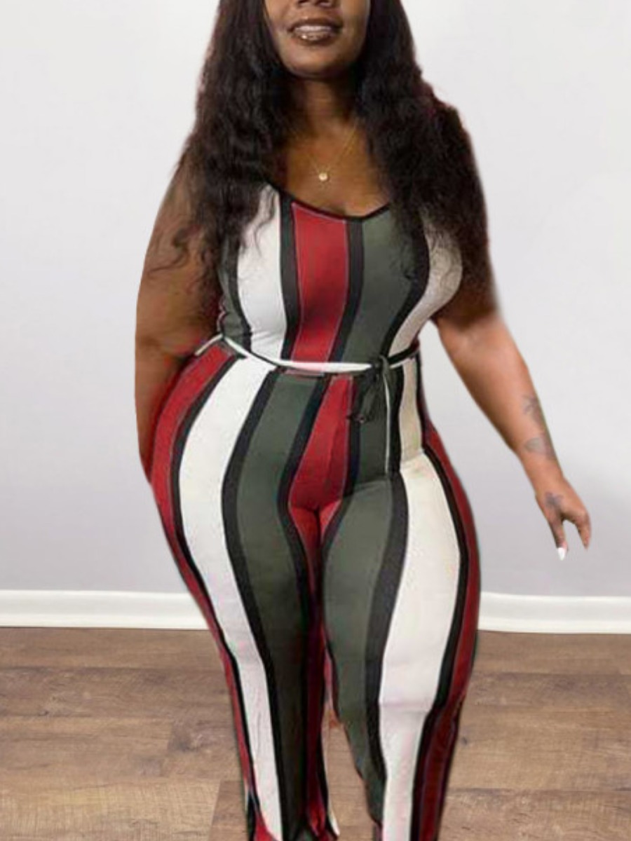

Lovely Plus Size Casual U Neck Striped Purplish Red One-piece Jumpsuit