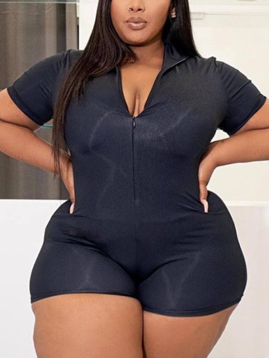 

Lovely Plus Size Casual Zipper Design Elastic Black One-piece Romper
