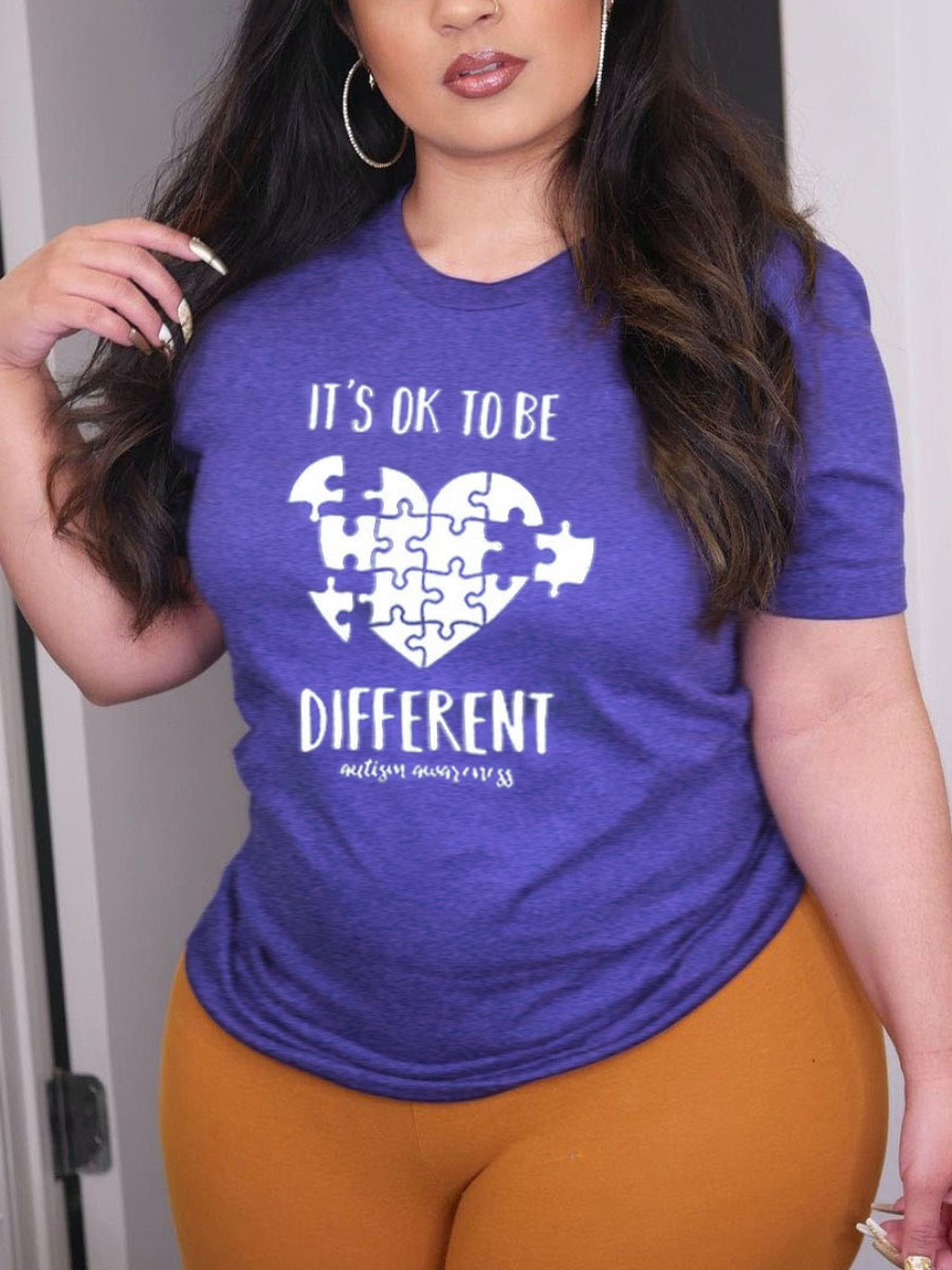 

Lovely Casual Round Neck Letter Print Blue T-shirt