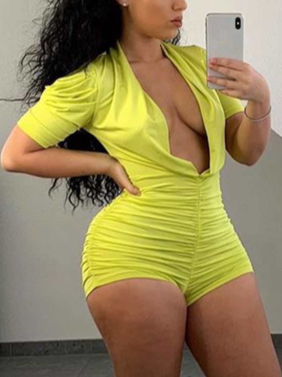 

Lovely Sexy V Neck Fold Design Yellow One-piece Romper