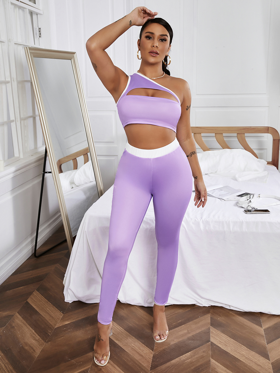 

LW Sporty One Shoulder Hollow-out Purple Two Piece Pants Set