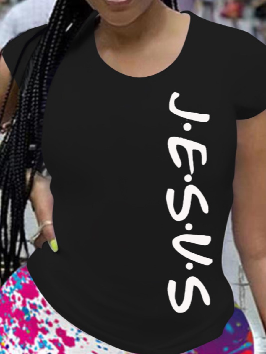 

Lovely Casual Round Neck Letter Print Black T-shirt