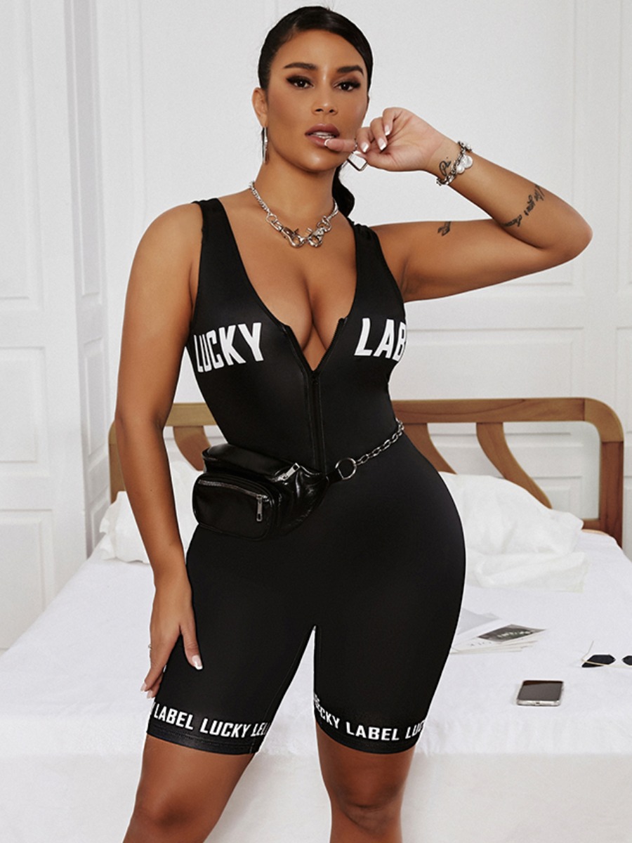 

LW Sporty Letter Print Zipper Design Black One-piece Romper