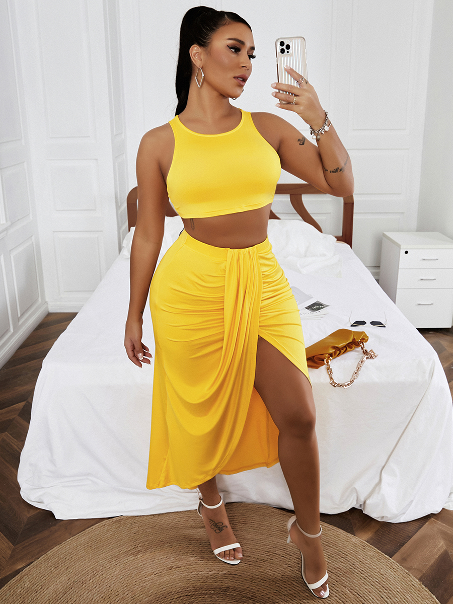 

LW Boho Fold Design Slit Yellow Two Piece Skirt Set