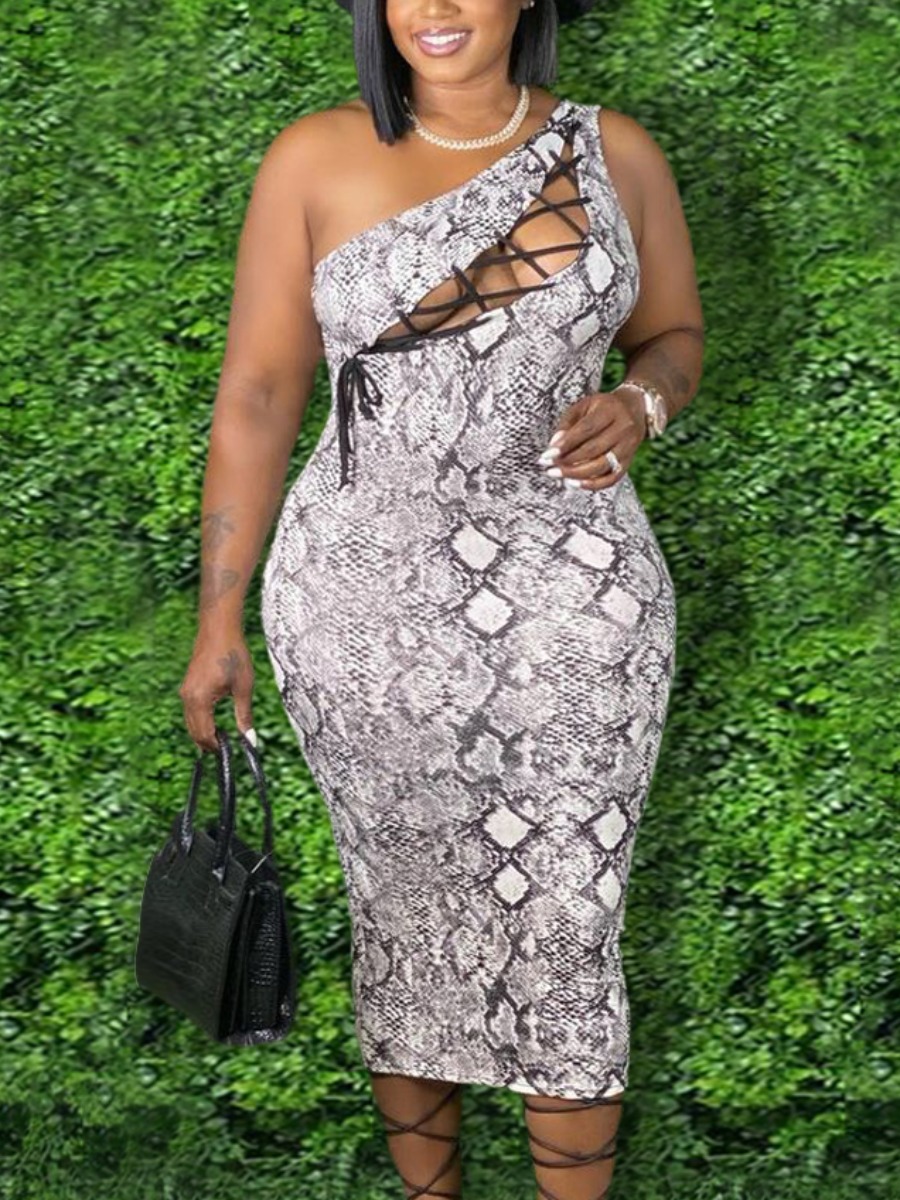 

Lovely Plus Size Sexy Bandage Hollow-out Design Cobra Mid Calf Dress