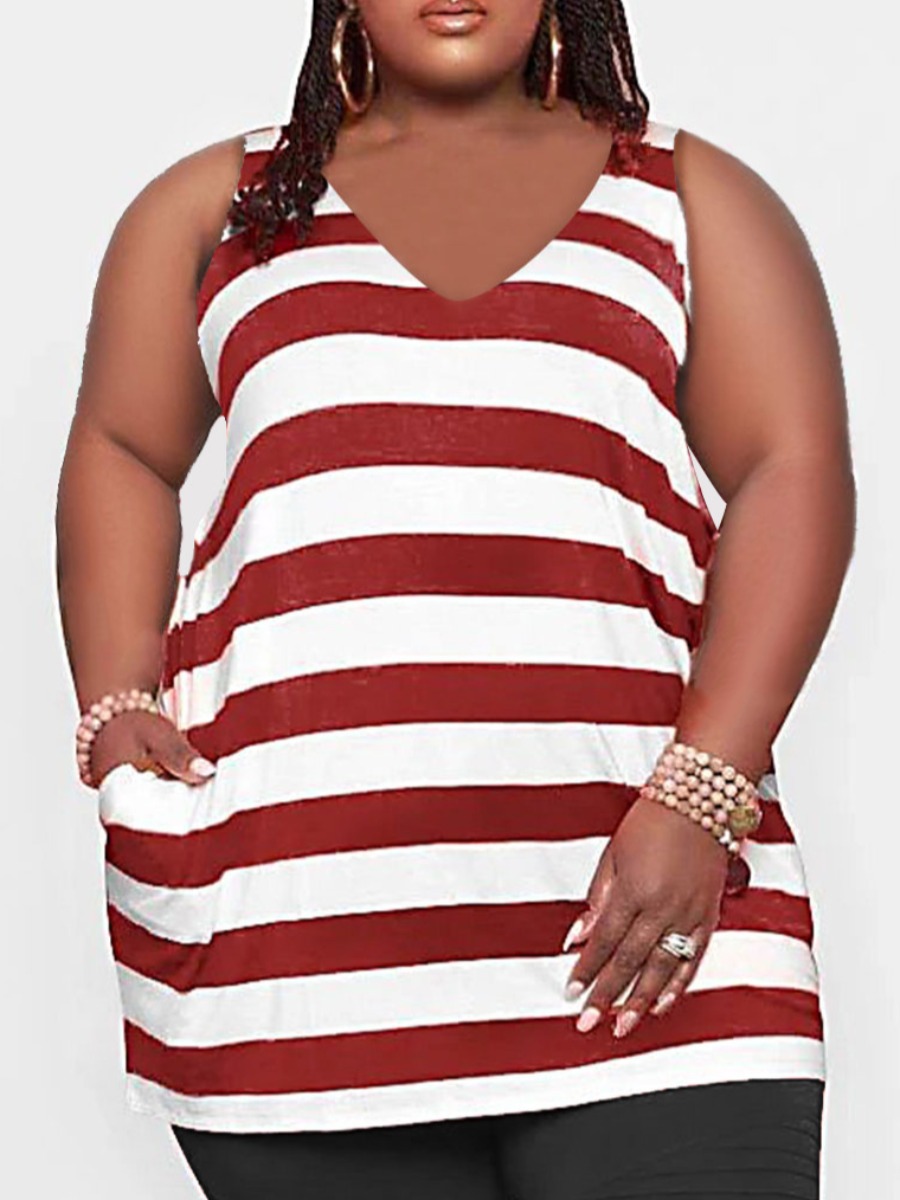 

LW BASICS Plus Size Casual Striped Pocket Design Wine Red Camisole