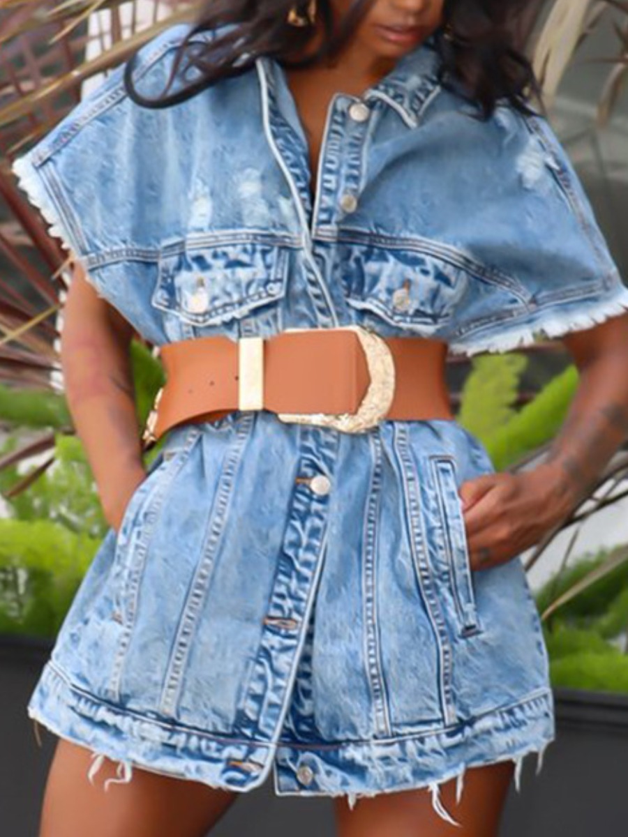 

LW Pocket Button Design Denim Jacket (With Belt), Baby blue