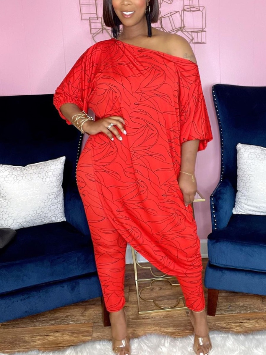 

Lovely Plus Size Print Asymmetrical Two-piece Pants Set, Red