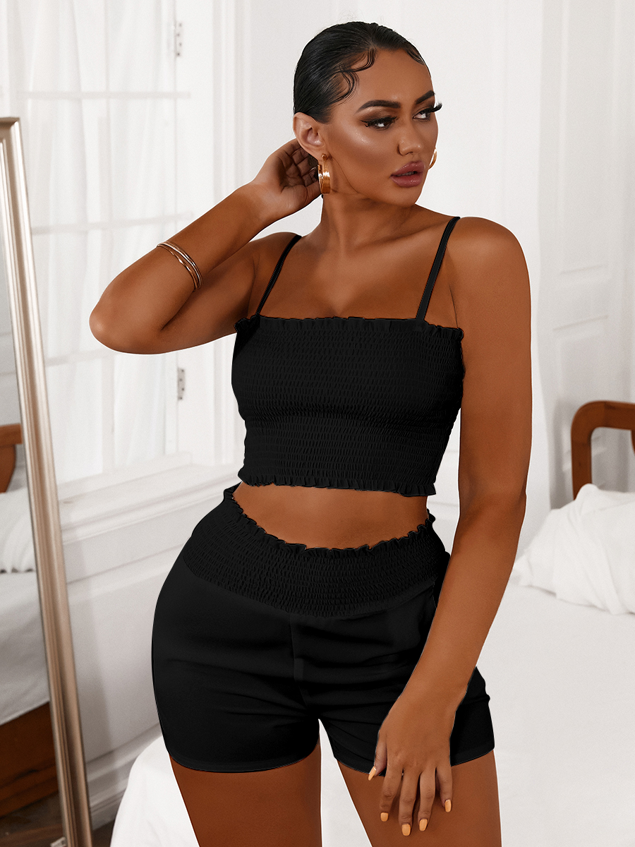 

LW Sporty U Neck Frill Trim Shirred Black Two Piece Shorts Set