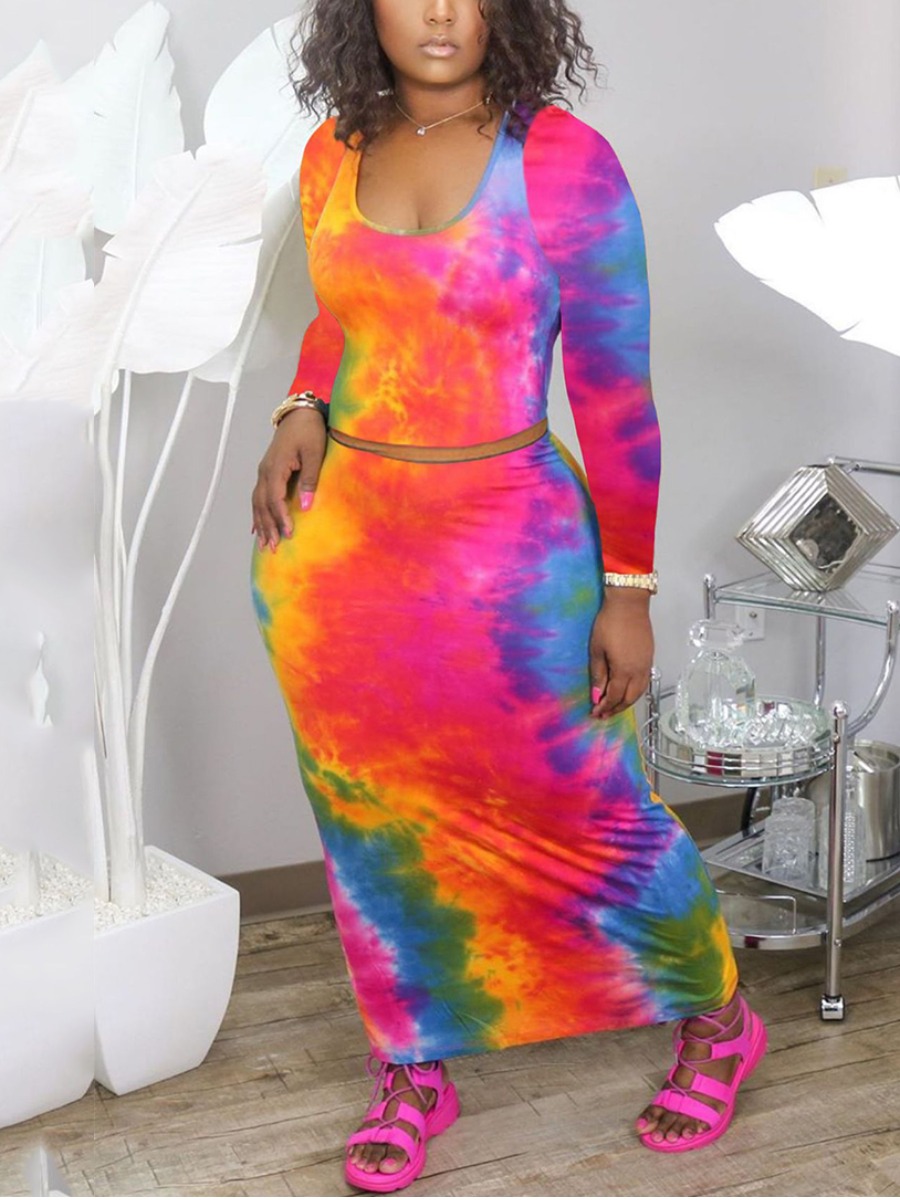 

LW Plus Size U Neck Tie-dye Two-piece Skirt Set, Rose red