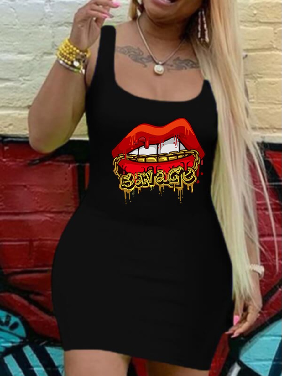 

Lovely Plus Size Lip Letter Print Bodycon Dress, Black