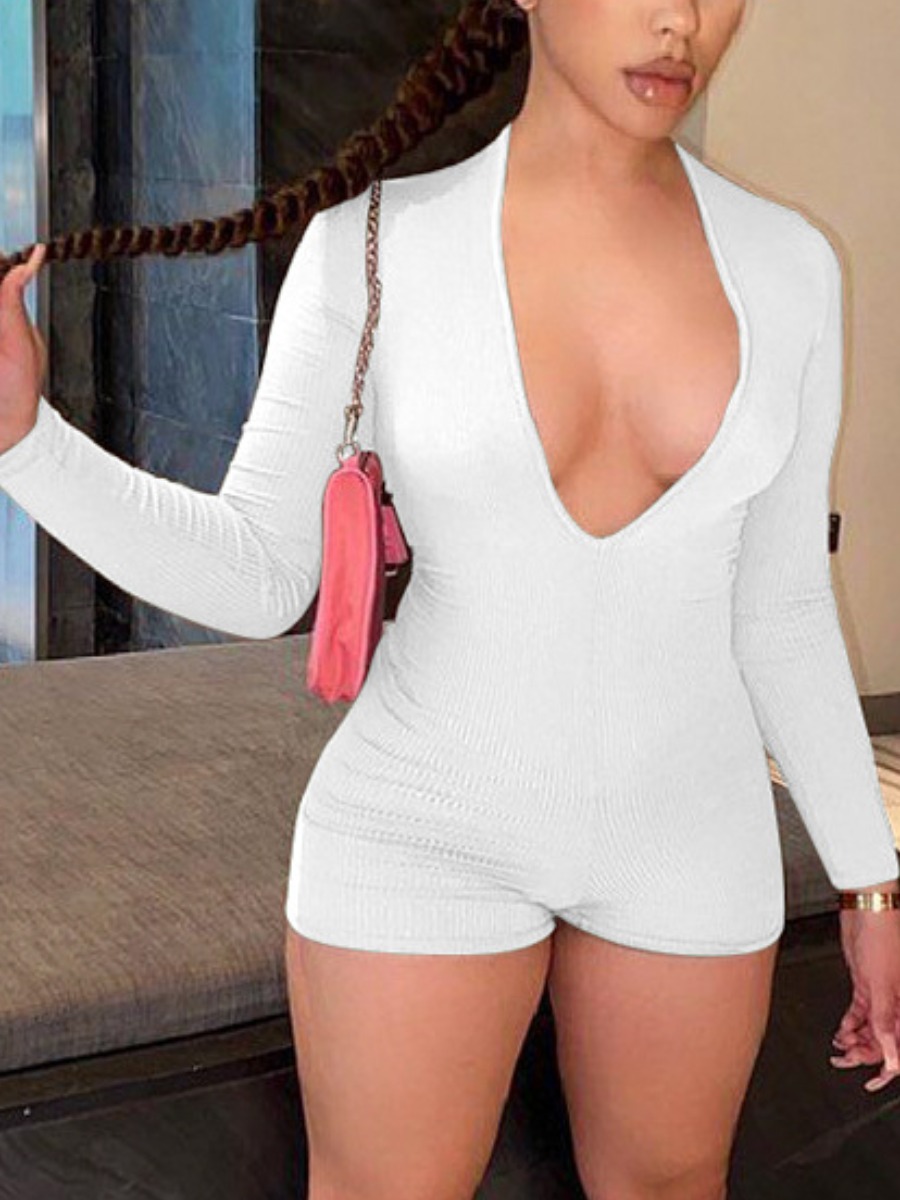 

LW V Neck Rib-Knit One-piece Romper, White