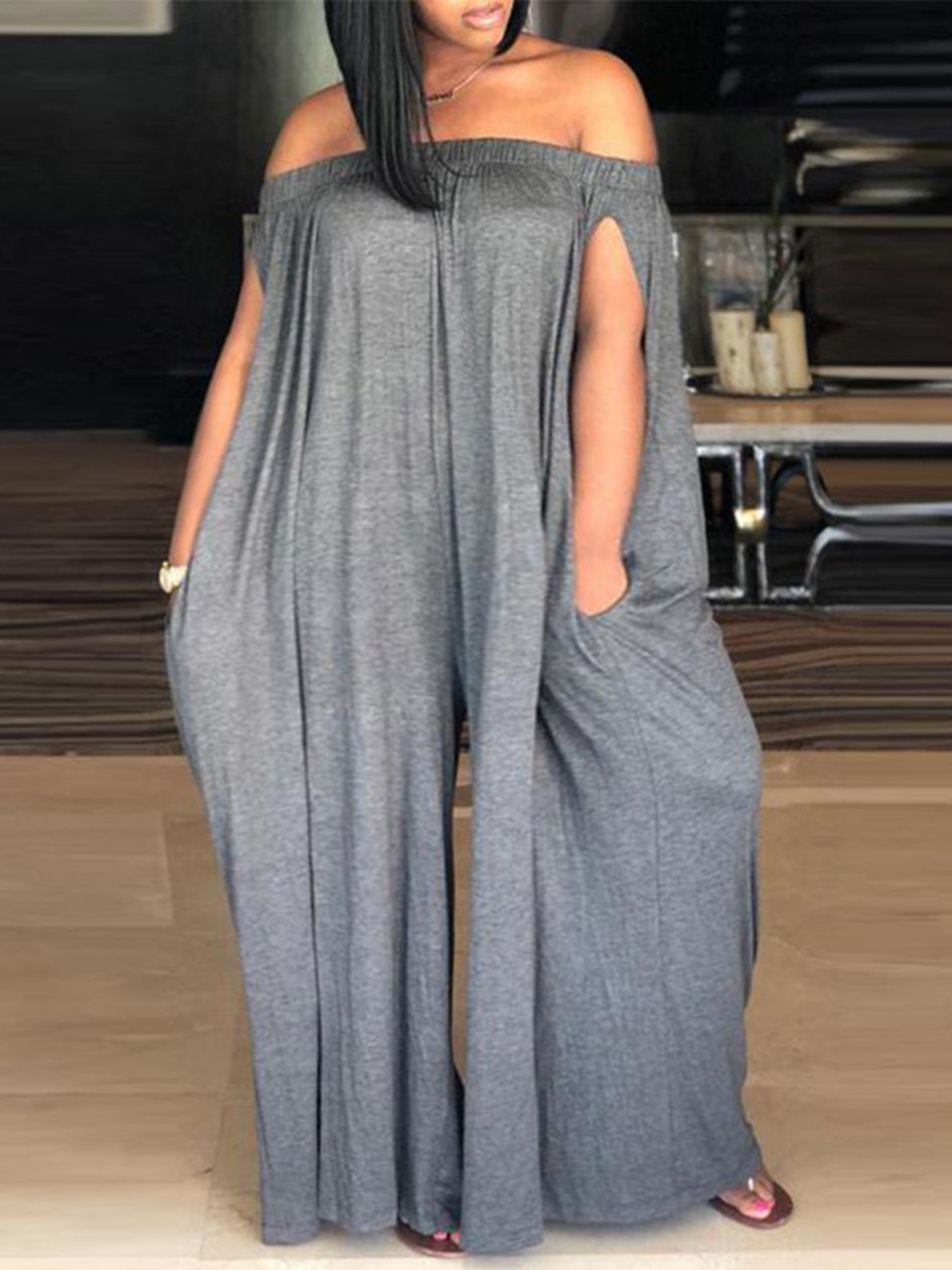 

LW Plus Size Off The Shoulder Wide Fit One-piece Jumpsuit, Grey