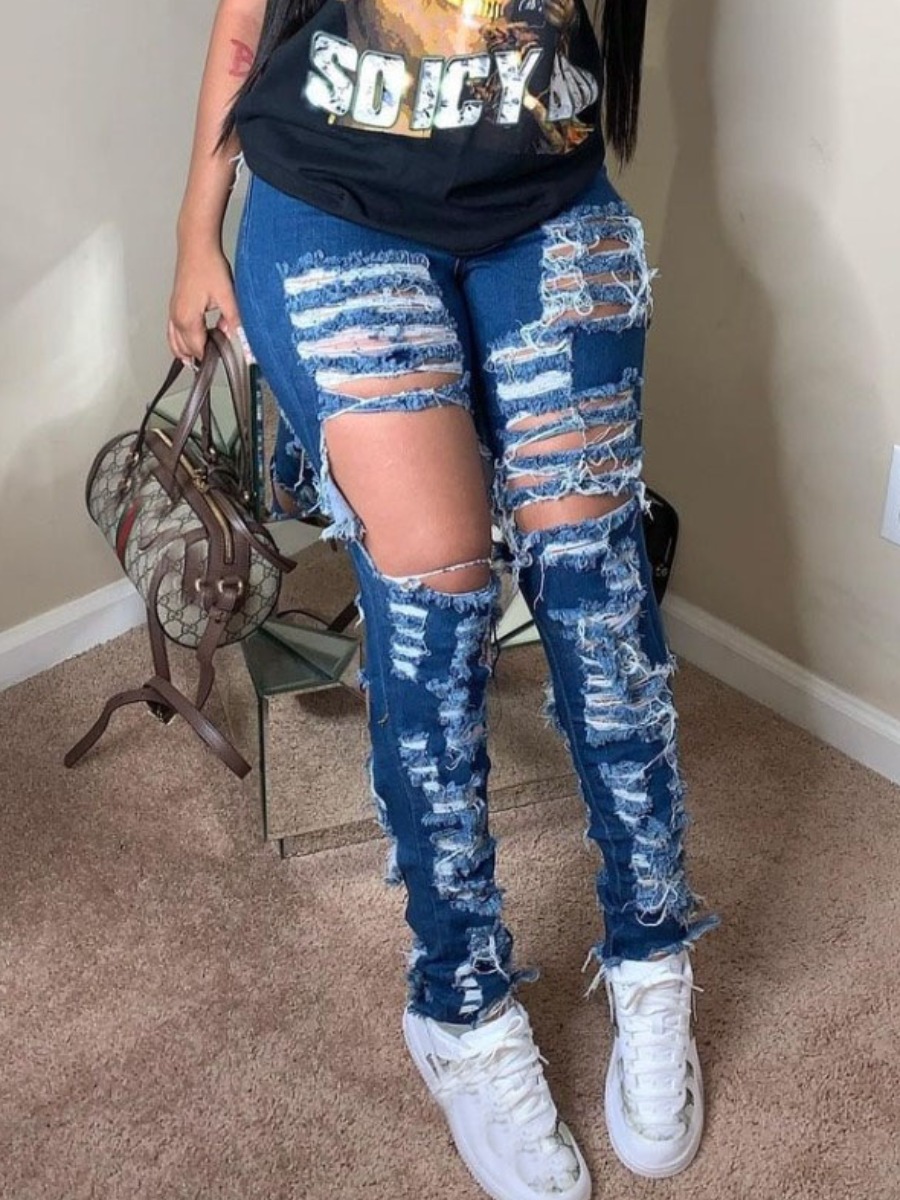 

Lovely High-waisted Ripped Jeans, Deep blue