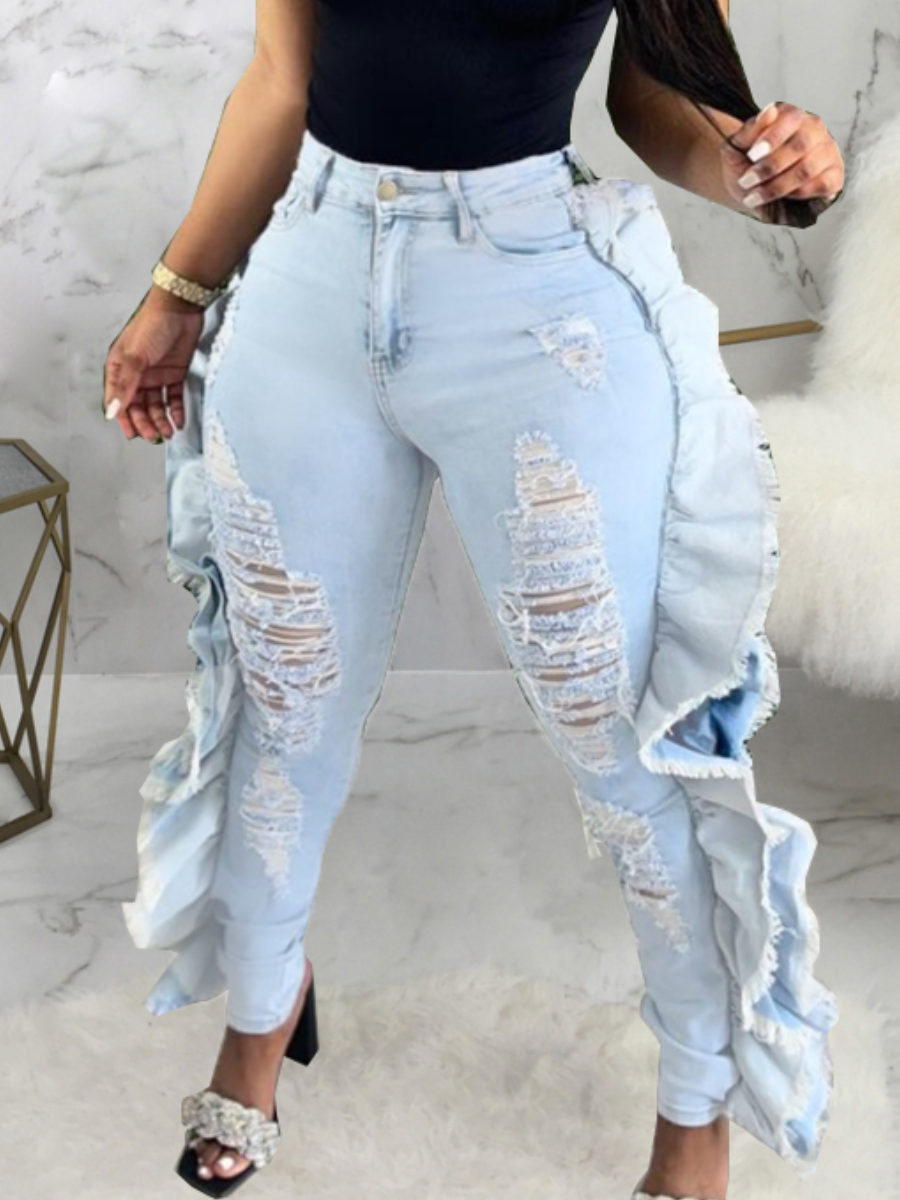 

LW High Stretchy Ripped Flounce Design Jeans, Baby blue