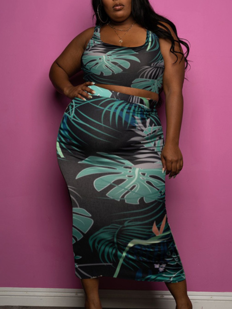 

Lovely Plus Size Plant Print Split Two-piece Skirt Set, Green
