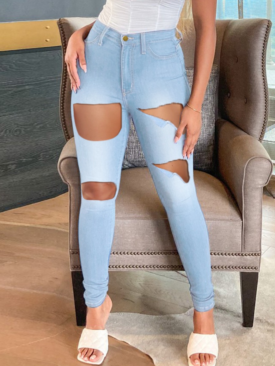 

LW High-waisted Ripped Jeans, Baby blue